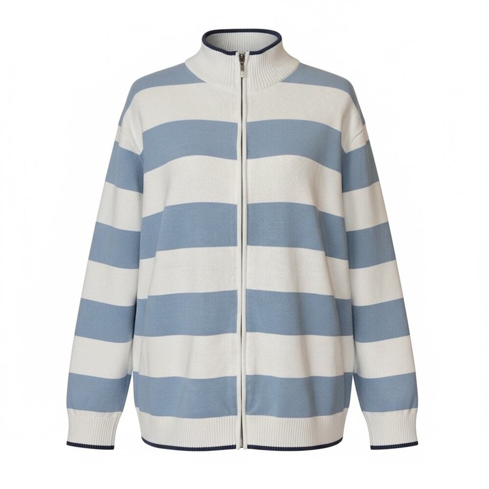 Club Room Sweater Mens XL Blue White Striped Full Zip Collared Knit Coastal